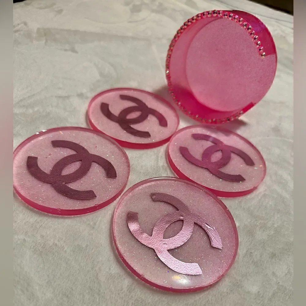 Pink Glitter Resin Coasters / Circle Shapes Handmade Resin. Ch= Monogr…